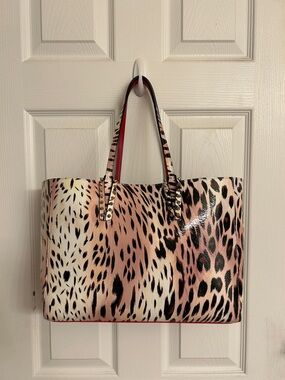 Christian Louboutin Cabata Beige Cheetah Leather Tote Matching Pouch Dust Bag